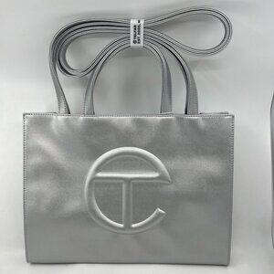Telfar Medium Shopping Tote Bag Handbag Vegan Leather Crossbody Silver & Dustbag